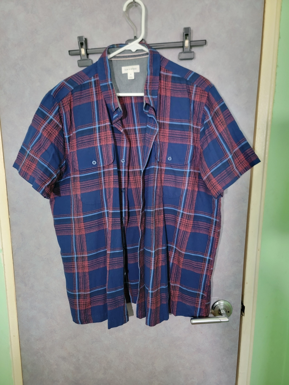Men's Short-Sleeve Blue & Red Plaid Shirt